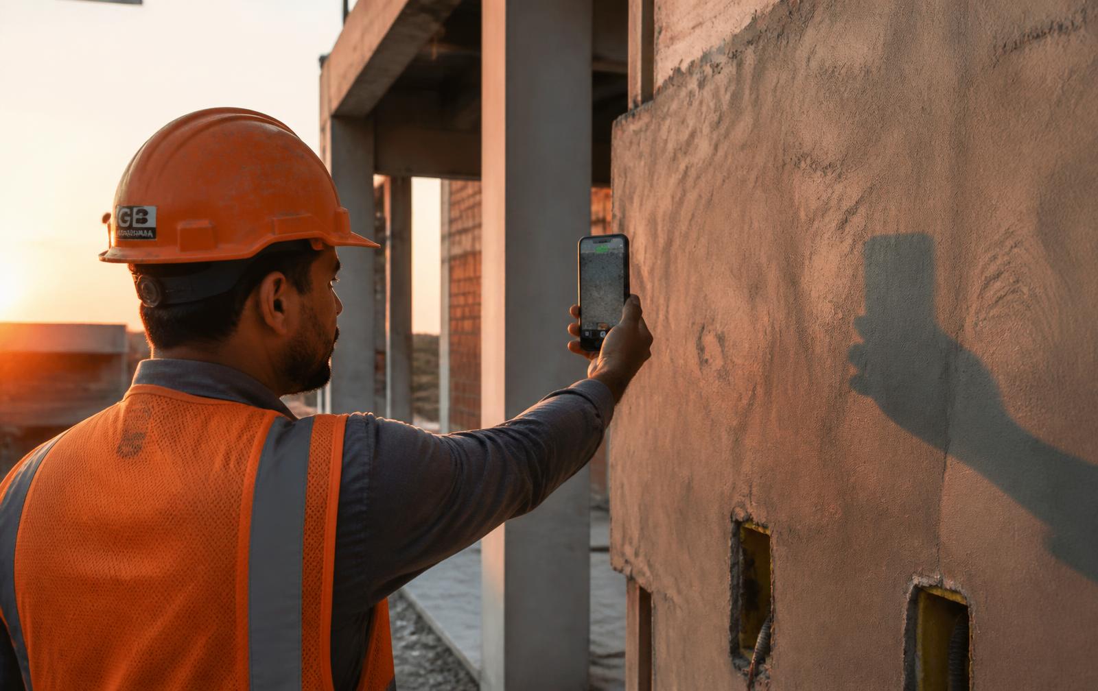 Operário de capacete laranja registrando com o celular uma parede rebocada em obra